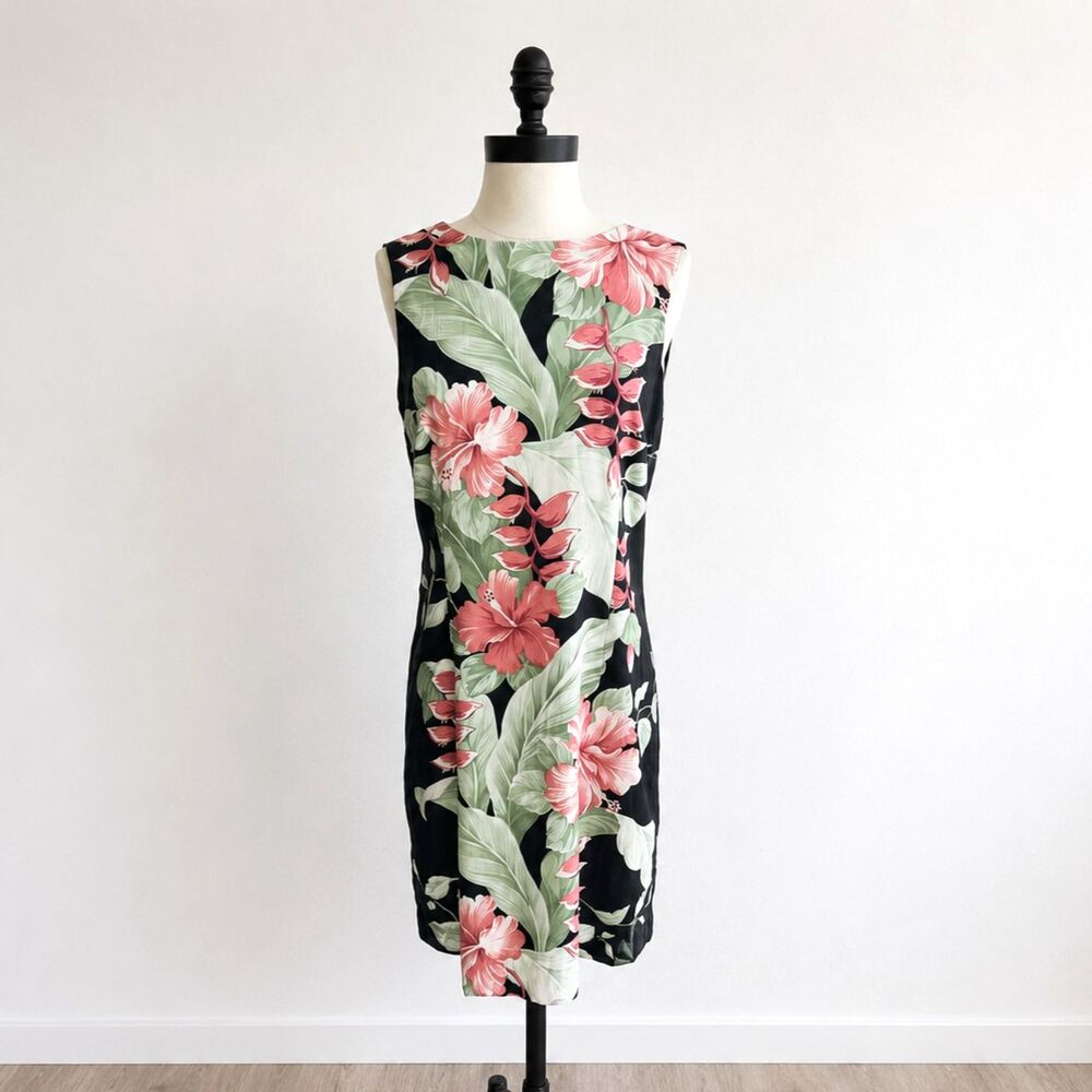 Tommy Bahama 100% Silk Hawaiian Floral Shift Dress Tropical Resort Midi Size 8